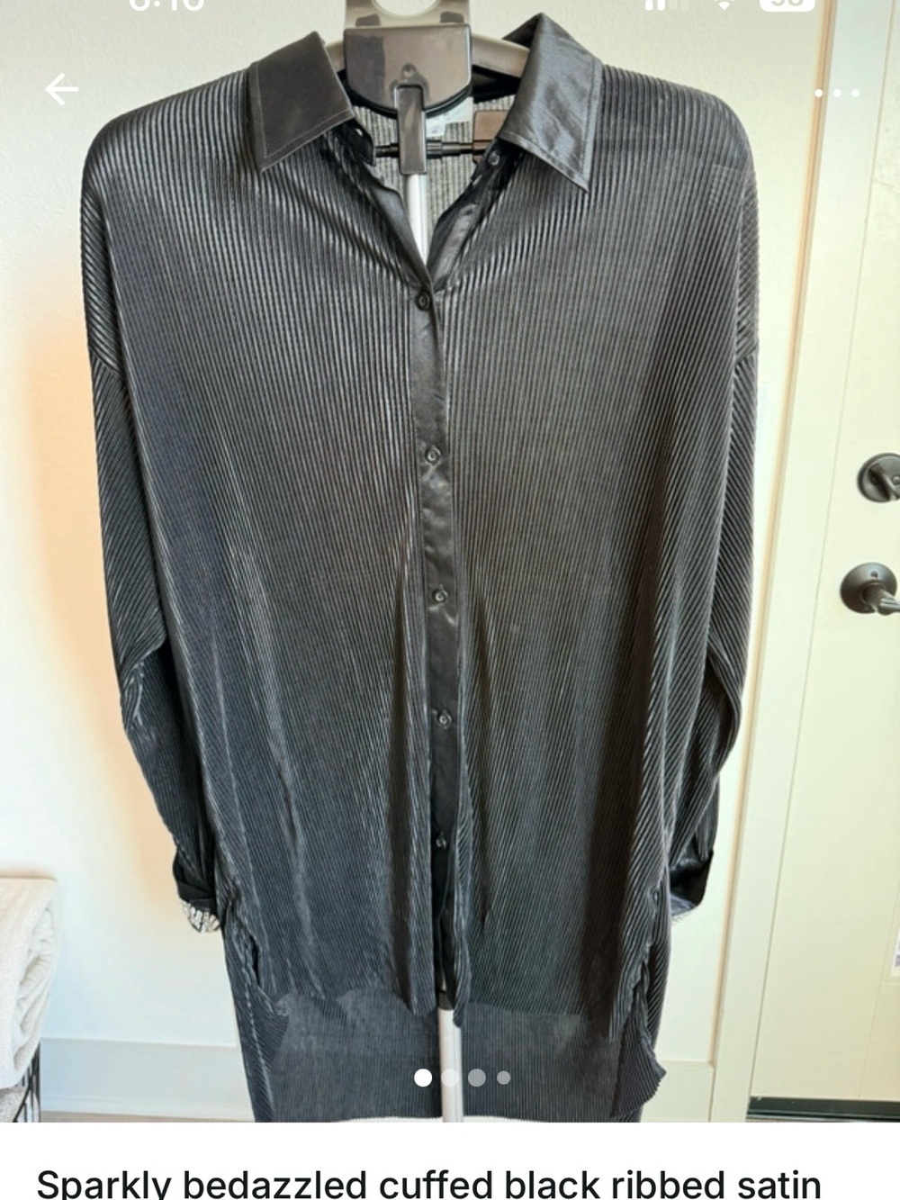 Black Ribbed Satin Button-Up Shirt